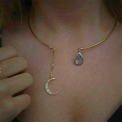 Moon Cuff Drop Open Hoop Collar Jewelry Women Choker Water Crystal Girl Necklace