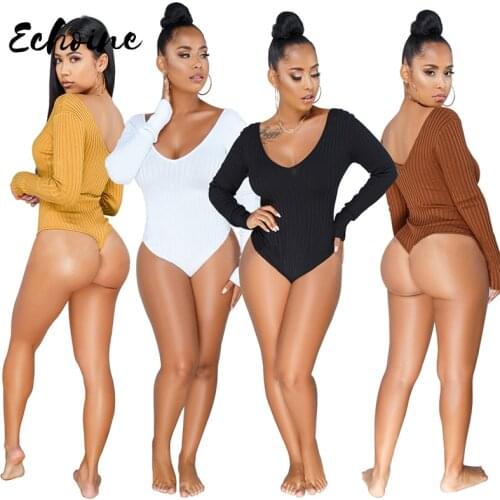 Plus Size XXXL Autumn/Winter Bodysuits Women Lady Sexy Rib Full Sleeve Knitted V-Neck Beach Playsuits Bandage Jumpsuits Rompers