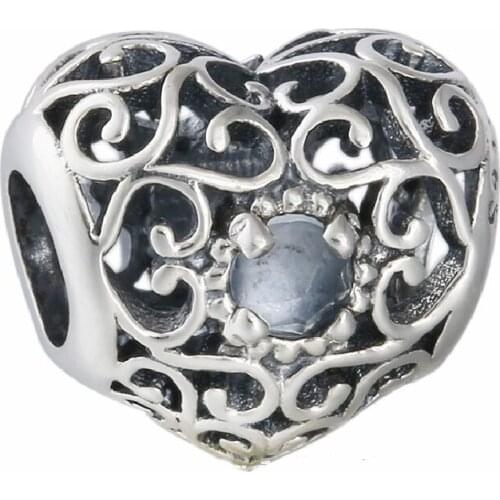 925 Sterling Silver Openwork Signature Blue Crystal Heart Birthstone Charm Beads Fits Pandora Bracelets Celebrate March Birthday