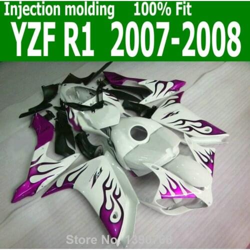 White INJECTION Fairings For YAMAHA YZF R1 07 08 ( Pink / purple flame ) yzfri 2007 2008 fairing kit CQ28