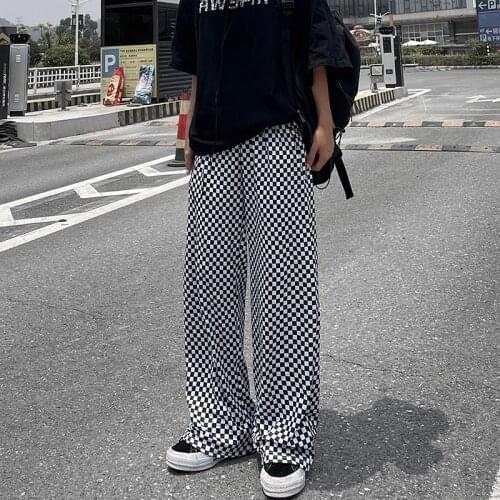 Japanese Black And White Plaid Stripe Printing Womens Wide-Leg Trousers Street Trend Loose High-Waisted Pants Autumn Casual Men