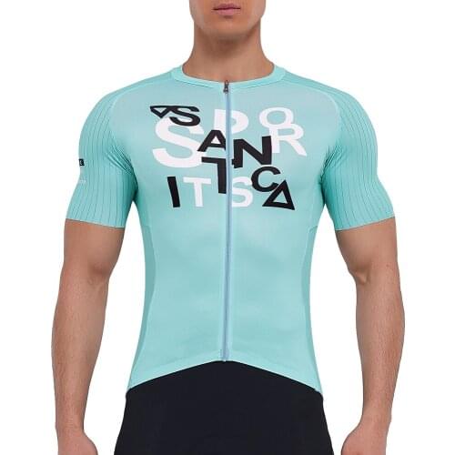 Santic Mens Cycling Jerseys Summer Short Sleeve MTB Bike Shirt Full Zipper Breathable Mountain Bicycle T-shirts Asian Size