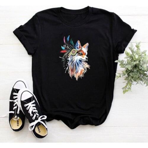 Watercolor Animal Pattern T Shirt Woman Loose and Casual Sleeve Tee Shirt Femme Vintage Black Women Tshirts Harajuku Clothes