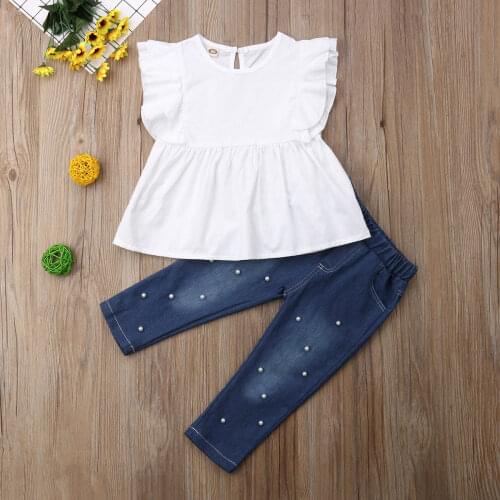 Summer Baby Girls Clothes Set Sleeveless Solid Color Ruffle Tops+Pearl Denim Pants Kids 2Pcs Casual Outfits