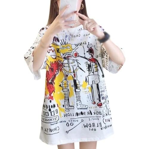Fashion Summer Loose Round Neck Student Tee Cute Cartoon Graffiti Mid-length Short-sleeved T-shirt