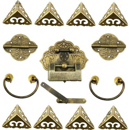 15Pcs Brass Hardware Set Antique Wooden Box Latch Hasp+Pull Handle+Hinges+Corner Protector+Old Lock Furniture Accessories