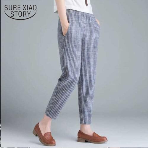 New Arrival Summer Women Pants Striped Cotton Linen Trousers Korea Fashion Plus Size High Waist Thin Casual Harem Pants 10299