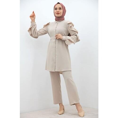 New Season Muslim Womens Sleeves Flounce Belt Suit Hijab Dress Blue And Green Abaya Kaftan Hijab Long Dubai Africa