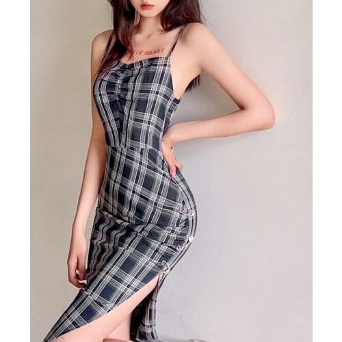 Autumn new style womens sexy slim high waist fashion plaid sling split dress