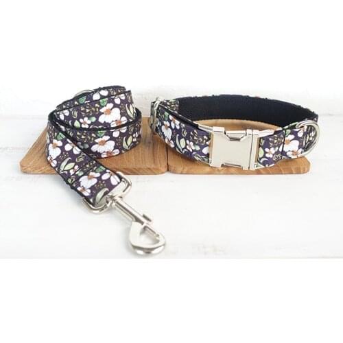 Black CHRYSANTHEMUM Dog or Cat Collar or Leash with Bows Design with Cotton Webbing Free Engrave Name ID