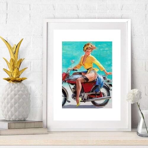 Retro Pin Up Girl Prints Vintage Motorcycle Poster 1940s Naughty PinUp Art Canvas Painting Picture DIY Man Cave Home Decor