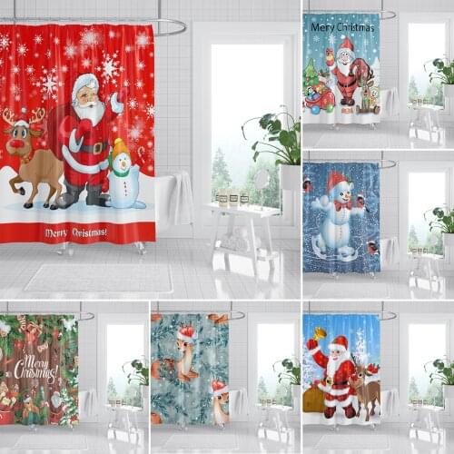 Santa Christmas Shower Curtain Christmas Holiday Party Home Decoration Shower Room Anti Peeping Bathroom Curtain With Hooks