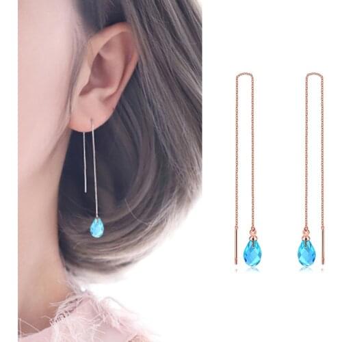 Simple Colorful Crystal Ear Line Drop Chain Earring For Women Rose White Gold Color Top Quality Fashion Jewelry Xmas KC158 KC159