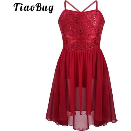 TiaoBug Kids Girls Spaghetti Straps Sequins Lace High-Low Hem Chiffon Ballet Leotard Dress Contemporary Lyrical Dance Costumes