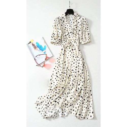 QUALITY Newest HIGH 2021 Fashion Womens Sexy Buttons V-neck Puff Short Sleeve Black Leopard Dot Print Beige Slim Swing Dress