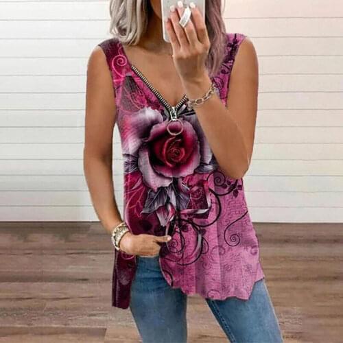Summer Sleeveless Womens Tee Shirt Floral Print Zipper V Neck Pullover Casual Tank Top Female Loose T-shirt Plus Size Fashion