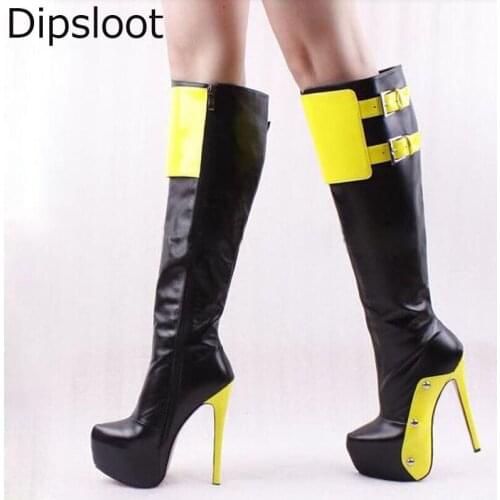 Ladies Platform Fluorescent Shiny Leather Patched Knee High Boots Metal Buckle Stiletto High heels Botas Women Zip Long Boots