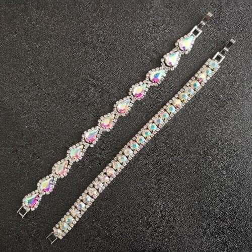 SLBRIDA Silver Color Waterdrop AB Crystal Women Girls Fashion Daily Bracelet Bridal Wedding Bracelet Rhinestones Bracelet