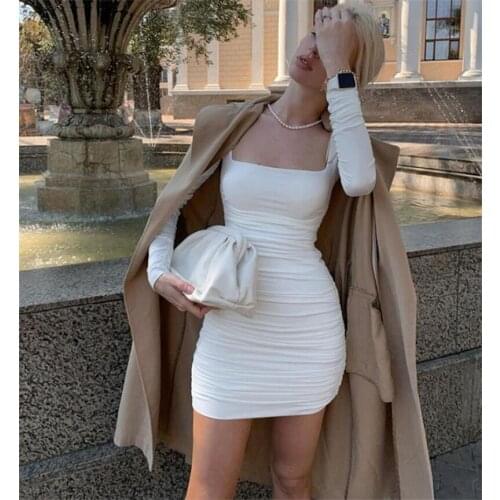 Women’s Casual Long Sleeve Dress Fashion Solid Color Square Collar Pleated Slim Fit Short Dress Womens Clothes Summer Dresses