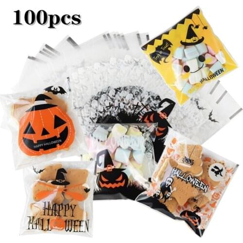Happy Halloween 100pcs Plastic Snack Cookie Bags Biscuits High-quality Halloween Candy Bag Halloween Party Decoration Supplies