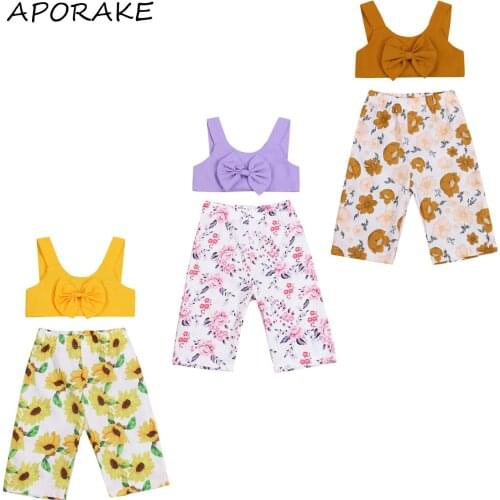 2021 1-6Y Fashion Kids Baby Girl Clothing Set Bow Solid Color Crop Top Vest+Floral Print Long Pants Summer Outfits 2pcs