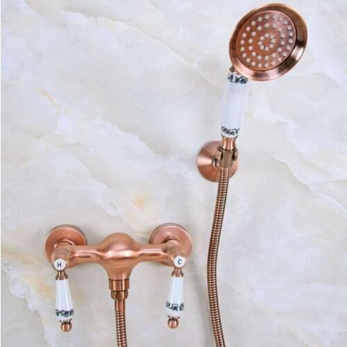Antique Red Copper Brass Bathroom Hand Held Shower Head Faucet Set Mixer Tap Dual Ceramic Handles mna301