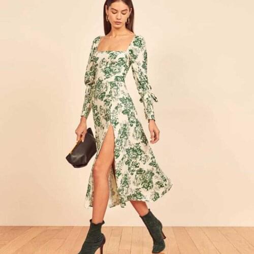 BOHO INSPIRED green Floral Long Sleeve Tie Front High Slit Dress for women vintage spring summer dress ruched bust boho dress