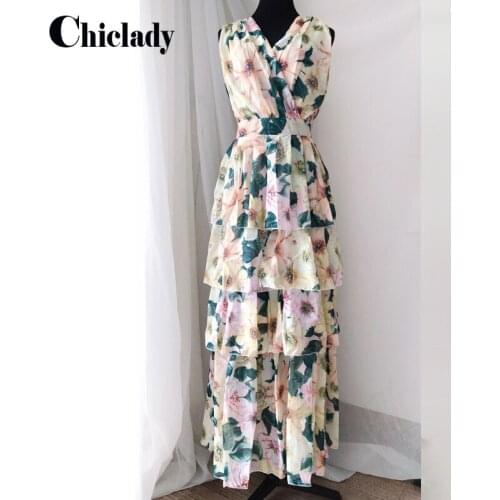CHICLADY Camellia printed vling designer runway maxi cascading layered summer party dresses for women yellow flower dresses robe