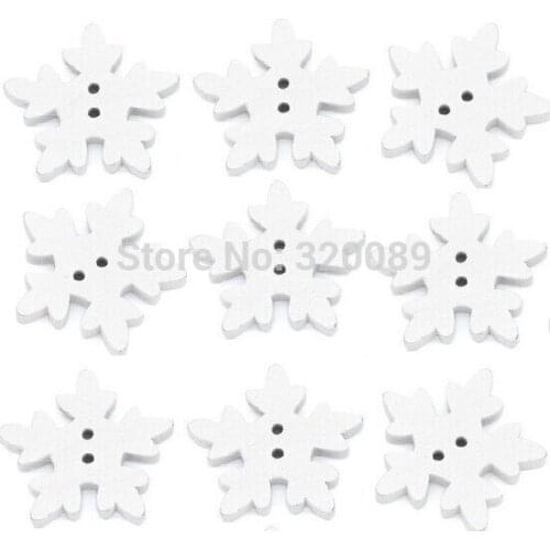 50pcs/lot 25mm Wooden Christmas Buttons White Winter Snowflake Sewing Accessories