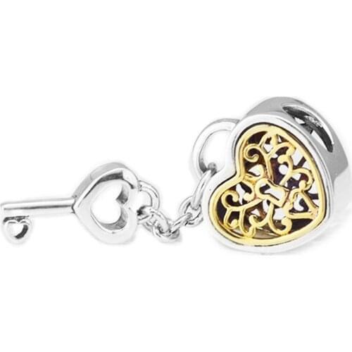 DIY Fits for Pandora Beads Bracelets Lock of Love Charms with 14K Real Gold 100% 925 Sterling-Silver-Jewelry Free Shipping