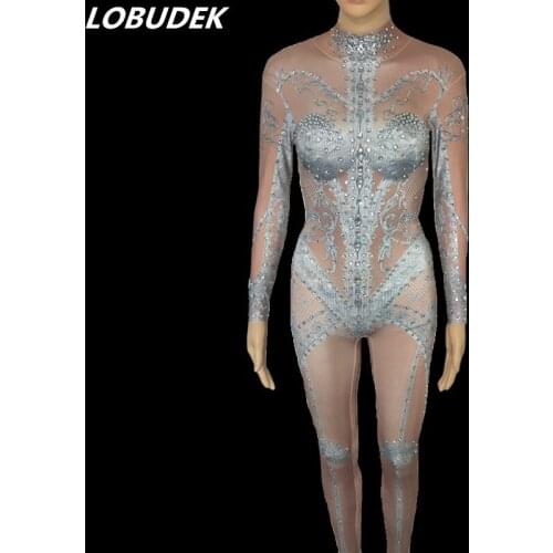 Elastic 3D Printing Crystals Jumpsuit Bar Nightclub Women Pole Dance Team Leotard Costume DJ Singer Tight Performance Stage Wear