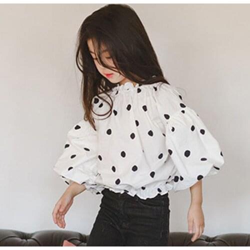 Lantern Sleeve Dot Blouse Baby Big Girls Cotton Long Sleeve Autumn Shirts Kids Tops Clothing Children Girls White School Blouse