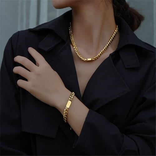 316L Stainless Steel Hip Hop Trend Thick Chain Stainless Steel Non-fading Necklace And Bracelet Set Gold Color