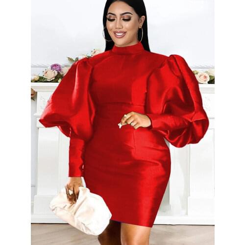 Red Dresses Plus Size Long Lantern Sleeve Women Bodycon Sexy Mini Gowns Package Hip Elegant Ladies Evening Party Event Dress New