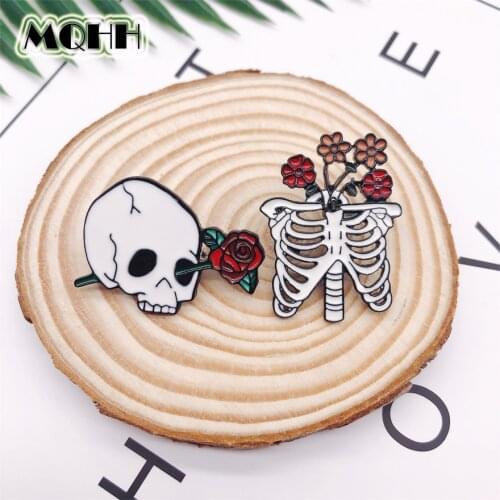 Creative Plant Flowers Skeleton Enamel Brooch Red Rose Alloy Custom Badge Shirt Bag Pin Punk Accessories Woman Jewelry Kid Gift