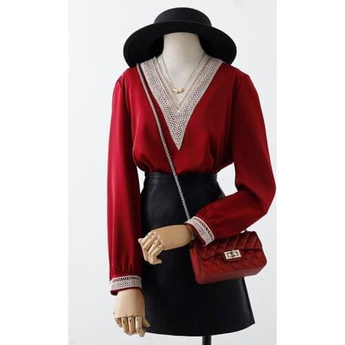Lace Hollow Out Women Blouse Summer New Red V-Neck Long-Sleeved Loose Office Lady Elegant Pulls Tops