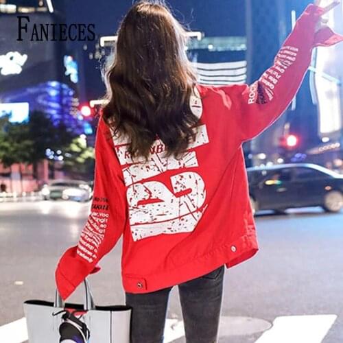 Ins women coat 2020 autumn red fashion Korean style pocket letter print casual loose denim jackets female mujer bomber jacket