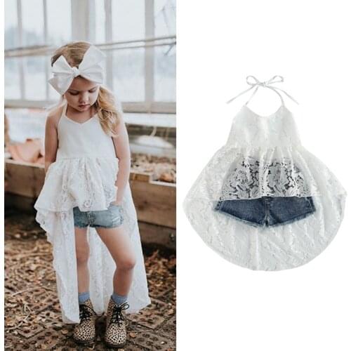 Summer Toddler Kid Girls Clothes Sets 2pcs Sleeveless Belt Lace Neck Strap Tie Up Backless Dress Tops Short Jeans Outfit 1-6Y