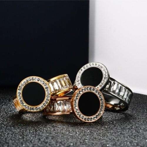 Fashion Black Shell Square Rhinestone Stainless Steel Ring For Women Men Lover Couple Crystal Wedding Party Finger Jewelry Gifts