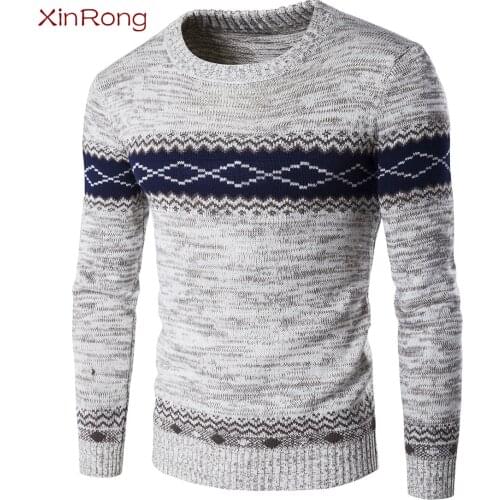Mens thick color-blocking striped sweater ethnic style mens warm pullover sweater round neck casual trend bottoming shirt top