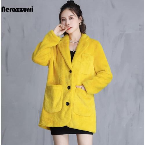 Nerazzurri Winter Yellow Black Thick Warm Faux Fur Coat Korean Style Long Sleeve Pocket Elegant Fluffy Women Blazers and Jackets