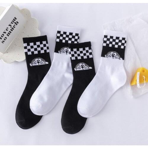 Dorayaki Super Power Dorae Cat From The Future Crew Socks Black and White Check Plaid Flag Daily Japanese Cartoon Anime Peekaboo