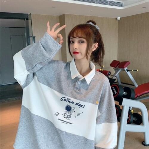 Fall/winter Sweatshirt Womens Loose Lapel Print Korean Version Of All-match Casual Sweatshirt Female Wm