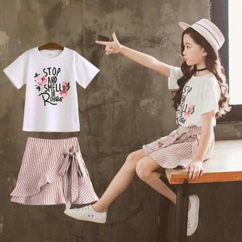 4-12 Years Children Girls Clothes Set Flower Print T-Shirt + Skirts Summer Fashion Cotton Outfit Kids Girls Clothes Suit
