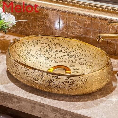 Gold-Plated Table Basin Rectangular Ceramic Face Washing Toilet Household Oval Art Hand Washing Wash Basin