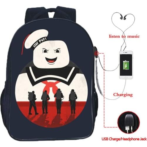 Boys Girls Ghost Busters USB Charge Double Pocket School Backpack Fashion Men Women Laptop Knapsack Teens Travel Shoulder Bags