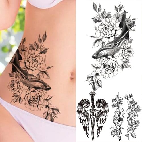 Sexy Waist Shark Whale Peony Flower Temporary Tattoo For Women Adult Black Wings Sword Dahlia Flora Fake Tattoo Sticker Tatoo