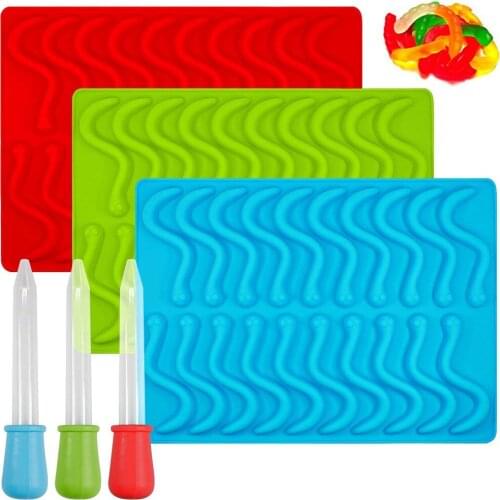 Mould Silicone Mold Gummy Worm Mold With Dropper 20 Cavity Ice Cube Trays Jelly Chocolate Soap Mold Cake Decoration Tips Set