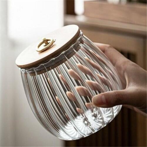 Glass Jar Tea Nut Food Sealed Box With Wood Lid Transparent Kitchen Storage Container