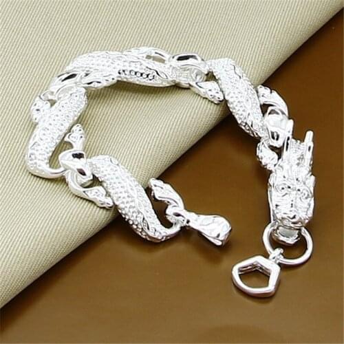 Hip Hop 925 Sterling Silver Bracelet Chinese Dragon Bracelet for Mens Jewelry Gift